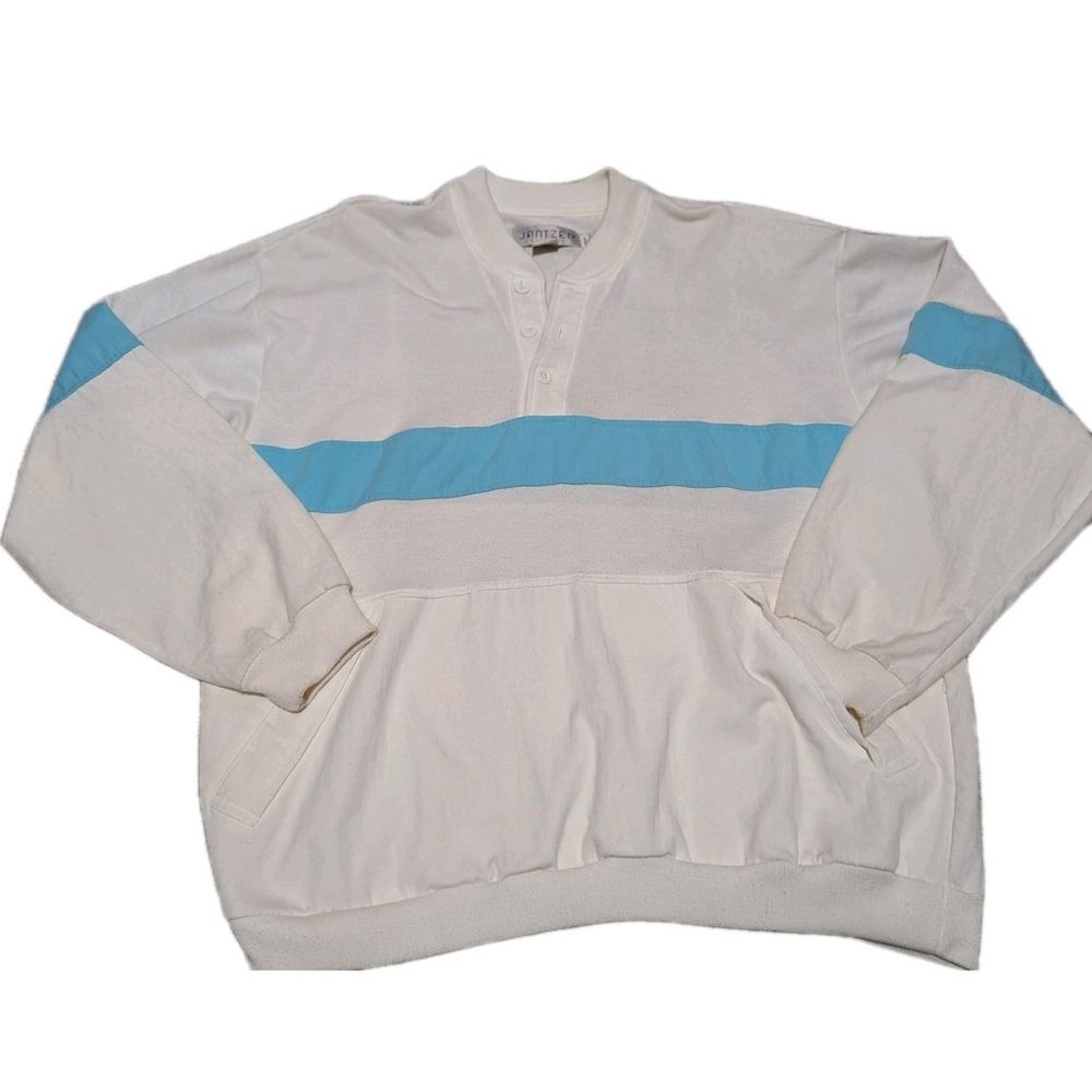 Vintage Jantzen‎ Striped Sky Blue Long-Sleeve Polo Shirt Mens Large